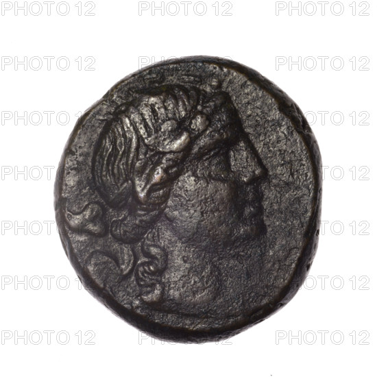 bronze coin, Pantikapaion; obv.: head of young Dionysus in an ivy wreath facing right; reverse: bow and arrows in a gorytos with straps, monogram on the left; iconography: bow in a quiver, head of Dionysus, gorytos, quivers, bows, weapons, armament; Dionysus (mythology); monograms; Black Sea; Cimmerian Bosporus; end of 2nd–ca. mid. 1st century BC (time of Mithridates VI Eupator, 120–63 BC); coin; weight 15.79 g; diameter 25.8 mm × 24.4 mm