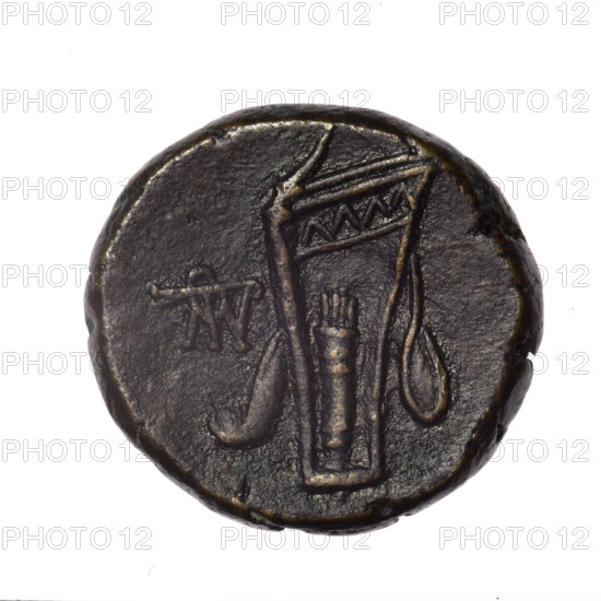 bronze coin, Pantikapaion; obverse: head of young Dionysus in an ivy wreath facing right; reverse: bow and arrows in a gorytos with straps, monogram on the left; iconography: bow in quiver, head of Dionysus, quivers, gorytos, bows, weapons, armament; Dionysus (mythology); end of 2nd–ca. mid. 1st century BC (time of Mithridates VI Eupator, 120–63 BC); Cimmerian Bosporus; coin; weight 14.70 g; axis 30°; diameter ~24.1–24.4 mm; maker: Pantikapaion.