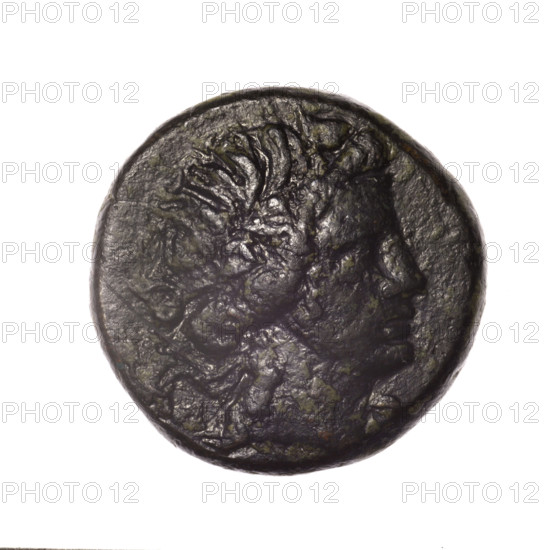 bronze coin, Pantikapaion; obverse: head of young Dionysus in an ivy wreath facing right; reverse: bow and arrows in a gorytos with straps, monogram on the left; iconography: bow in a quiver, head of Dionysus, gorytos, quivers, monograms, bows, weapons, armament; Dionysus (mythology); end of 2nd–ca. mid. 1st century BC (time of Mithridates VI Eupator, 120–63 BC), Cimmerian Bosporus, Pantikapaion; coin; weight 15.19 g; diam. ~24.1–24.7 mm