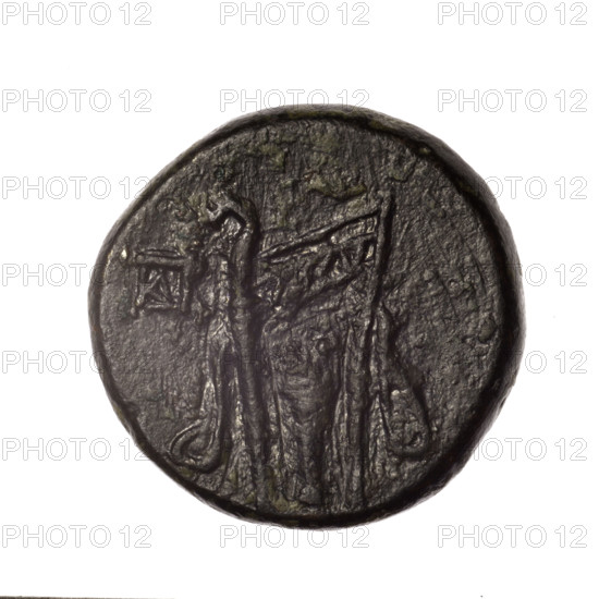 bronze coin, Pantikapaion; obverse: head of young Dionysus in an ivy wreath facing right; reverse: bow and arrows in a gorytos with straps, monogram on the left; iconography: bow in a quiver, head of Dionysus, gorytos, quivers, monograms, bows, weapons, armament; date: end of 2nd–ca. mid. 1st century BC (time of Mithridates VI Eupator, 120–63 BC); place: Cimmerian Bosporus, Pantikapaion; weight: 15.19 g; diameters: 24.1 mm, 24.7 mm; maker: Pantikapaion; inscription/attribution: Dionysus (mythology).