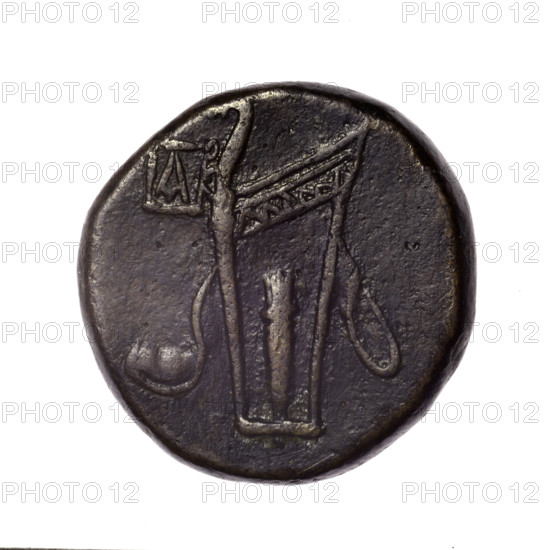 bronze coin, Pantikapaion; obv.: head of young Dionysus in an ivy wreath facing right; reverse: bow and arrows in a gorytos with straps, monogram on the left; iconography: bow in a quiver, head of Dionysus, quivers, gorytos, bows, weapons, armament; monograms; Dionysus (mythology); Black Sea, Cimmerian Bosporus, Pantikapaion; end of 2nd–ca. mid. 1st century BC (time of Mithridates VI Eupator, 120–63 BC); coin; bronze; weight 15.00 g; dimensions 24.5–24.8 mm; maker: Terlecki, Ignacy (1860–1916)