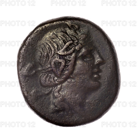 bronze coin, Pantikapaion; obverse: head of young Dionysus in an ivy wreath facing right; reverse: bow and arrows in gorytos with straps, monogram on the left; iconography: bow in quiver, head of Dionysus, quivers, gorytos, bows, weapons, armament; Dionysus (mythology); end of 2nd–ca. mid. 1st century BC (time of Mithridates VI Eupator, 120–63 BC); Cimmerian Bosporus, Pantikapaion; coin; weight 16.72 g; dimensions 26.8 × 24.9 mm; maker: Pantikapaion.