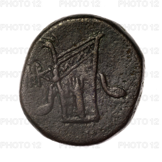 Bronze coin, Pantikapaion; obv.: head of young Dionysus in an ivy wreath facing right; rv.: bow and arrows in gorytos with straps, monogram on the left. Iconography: bow in quiver, head of Dionysus, quivers, gorytos, bows, weapons, armament. Inscriptions/marks: monograms. Date: end of 2nd – ca. mid. 1st century BC (time of Mithridates VI Eupator, 120–63 BC). Region: Cimmerian Bosporus, Pantikapaion. Weight: 16.72 g. Dimensions: 26.8 mm × 24.9 mm. Maker: Pantikapaion.