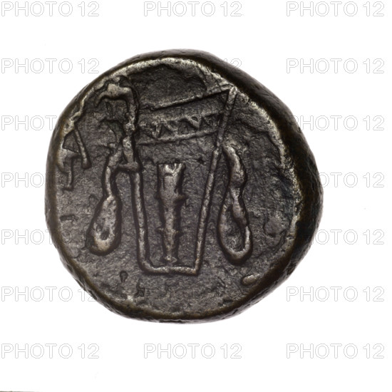 bronze coin, Pantikapaion; obv.: head of young Dionysus in an ivy wreath facing right; rv.: bow and arrows in a gorytos with straps, monogram on the left; iconography: bow in a quiver, head of Dionysus, gorytos, monograms, quivers, bows, weapons, armament; Dionysus (mythology); end of 2nd–ca. mid. 1st century BC (time of Mithridates VI Eupator, 120–63 BC); Cimmerian Bosporus; coin; weight 14.50 g; dimensions 24 mm × 23.8 mm