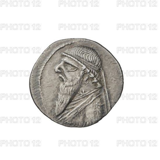 Drachma; bows (armed); diadems; busts; Parthian Kingdom, Iran. Obv.: diademed bust of Mithridates II facing right. Rev.: Arsakes seated on throne facing right, bow in right hand. Date: 120/119–109 BC (reign 123–87 BC). Place: Ecbatana, Parthia, Iran. Coin; weight 4.00 g; diameter 20.0–20.5 mm.