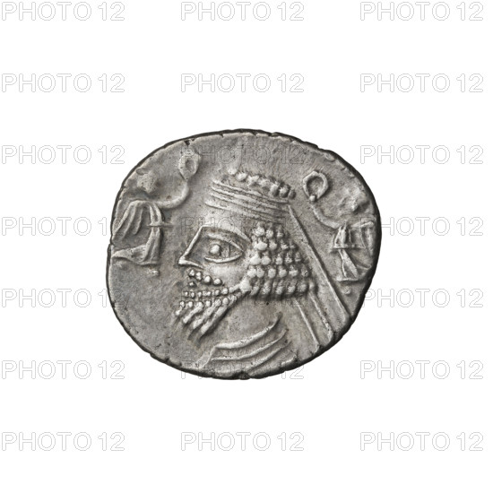 Drachma, Phraates V. Obv: diademed bust of Phraates V to the left, on both sides Nike with a wreath. Rev: Arsakes seated on a throne to the right, bow in his right hand, monogram on the right. Parthian Kingdom, Ecbatana (Iran), 2 BC–AD 4. Coin; diameter 17.5 × 19.0 mm, weight 3.90 g. Subjects: bows (armed), diadems, busts. Maker: Protassowicki, Rafal (1894–1957)