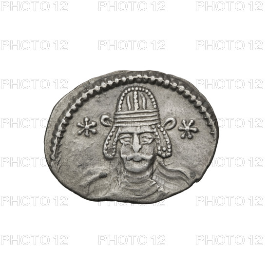 drachma, Vardanes II (55–58), busts, bows (armed), Arsakes I (Parthian king; ca. 247–217 BC) - iconography, heads, diadems, Parthian Kingdom, stars, Iran. Obv.: head of Vardanes II in tiara and diadem, frontal, two stars next to the king's head. Rev.: Arsakes sitting on a throne, turned right, bow in his right hand, monogram below the bow. 55–58, Parthia, Ecbatana, Iran. Coin: dia. 18.0 × 23.0 mm, weight 3.70 g.