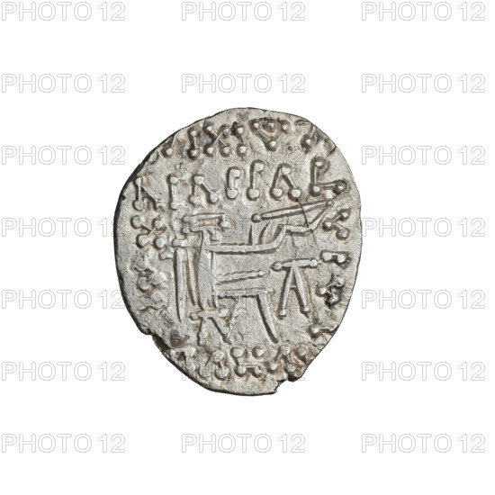 drachma, Vologases V (191-208); Obv.: head of Vologases V in tiara, king facing left; Rev.: Arsakes seated on a throne, bow in hand, facing right, below the arch – monogram; 191-208; Parthia, Ecbatana, Iran; coin; weight 3.90 g; helmets, heads, bows (armed)