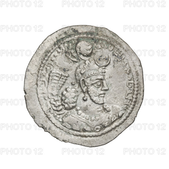 Drachma of Yazdegerd I (ruler of Persia, 399–420). Obverse: Bust of Yazdegerd I facing right, wearing a crown with a korymbos and crescent; Pahlavi inscription. Reverse: Fire altar with the king and a priest facing each other on the sides of the altar, both holding barsom; pearl rim; Pahlavi inscription. Sassanid art; Sassanid Kingdom; Iran (Persia). Coin, diameter 24.0 × 26.0 mm, weight 4.20 g.