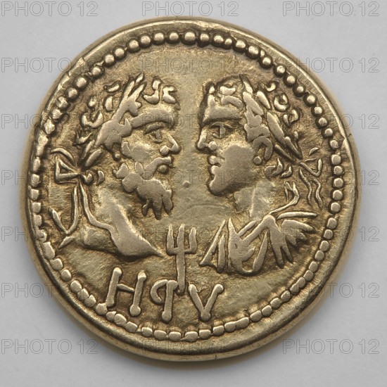 electron stater, Sauromates II (172–211). Obverse: bust of Sauromates II in diadem and drapery facing right, pearl rim. Reverse: head of Septimius Severus in laurel wreath facing right, opposite bust of Caracalla in laurel wreath and drapery facing left, between them a trident. Inscription at bottom: letters indicating 498 AD Pontic Era = 201 AD. Iconography: trident (attribute), portraits of rulers. Region: Cimmerian Bosporus, Black Sea, Bosporan state. Coin; weight 7.68 g; dimensions 18.5 mm × 18.3 mm.