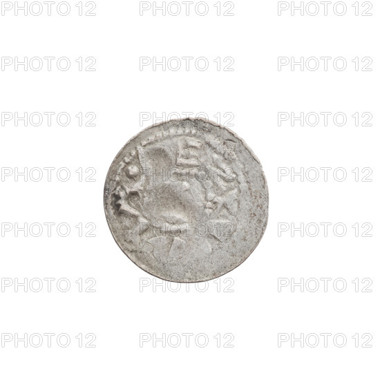 Denarius (royal type), Boleslaw II the Bold (King of Poland; 1058–1079), princely type, swords, busts, crowns. Obv.: inscription around the rim. Rev.: horseman with spear and shield facing left; six points behind the rider, one under the horse. Date: 1058–1076. Poland, Kraków. Coin; weight 0.52 g; axis 300°.