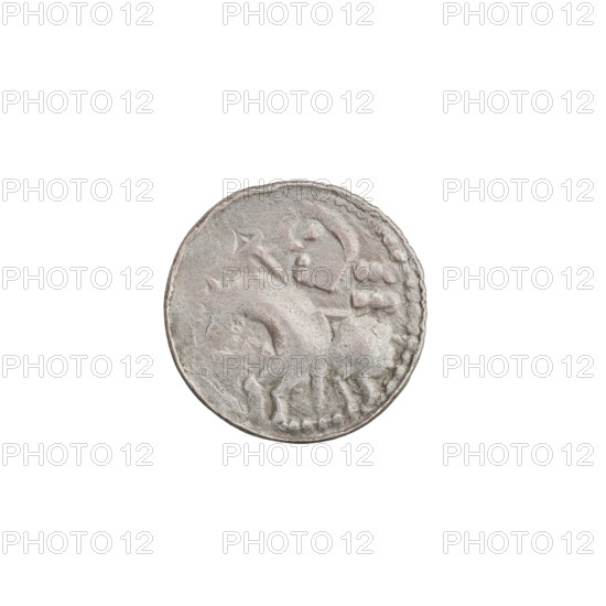 Denarius (royal type), Boleslaw II the Bold (King of Poland; 1058–1079), princely type, swords, busts, crowns. Obverse: inscription around the rim. Reverse: horseman with spear and shield to the left, behind the rider six points, under the horse one. Date: 1058–1076. Poland, Kraków. Coin; weight 0.52 g; axis 300°.