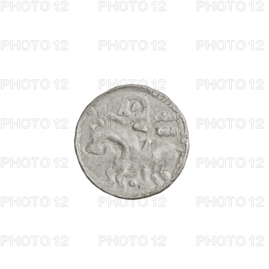 Denarius (princely type) of Boleslaw II the Bold (King of Poland, 1058–1079). Obverse: head to the left, inscription around the rim. Reverse: horseman with spear and shield facing left; six points behind the rider, one under the horse. Date: 1058–1076. Place: Kraków, Poland. Coin; weight 0.51 g; axis 45°.