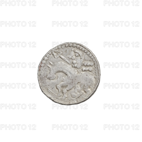 Denarius (princely type), Boleslaw II the Bold (King of Poland; 1058–1079). Princely type depicting horses, shields, heads. Obverse: head to the left, inscription around the rim. Reverse: horseman with spear and shield to the left; six points behind the rider, one point under the horse. Date: 1058–1076. Origin: Kraków, Poland. Coin; weight 0.62 g; axis 135°.