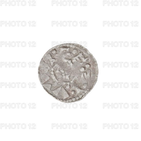 Denarius (princely type), Boleslaw II the Bold (King of Poland; 1058–1079). Princely type featuring horses, spears, heads, shields. Obverse: head facing left with inscription around the rim. Reverse: horseman with spear and shield facing left; six points behind the rider, one point under the horse. Date: 1058–1076. Poland, Kraków. Coin; weight 0.52 g; axis 45°.