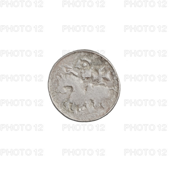Denarius (princely type) of Boleslaw II the Bold (King of Poland; reign 1058–1079). Obverse: head to the left, inscription around the rim. Reverse: horseman with spear and shield facing left, cross behind the rider, two points under the horse. Date: 1058–1076. Origin: Kraków, Poland. Coin, weight 0.60 g, axis 315°.