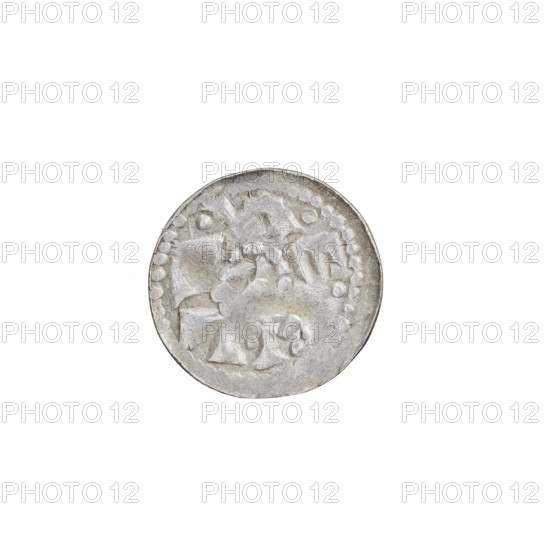 Denarius (princely type) of Boleslaw II the Bold (King of Poland, 1058–1079). Princely type with horses, shields, spears, heads. Obverse: head to the left, inscription around the rim. Reverse: rider with spear and shield to the left, a cross behind the rider, a rosette under the horse. Date: 1058–1076. Poland, Kraków. Coin; weight 0.54 g; axis 45°.