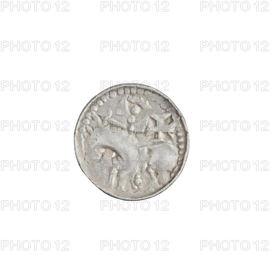 Denarius (princely type), Boleslaw II the Bold (King of Poland; 1058–1079). Princely type with horses, shields, spears, heads. Obverse: head to the left, inscription around the rim. Reverse: rider with spear and shield to the left, a cross behind the rider, rosette under the horse. Dated 1058–1076. Poland, Kraków. Coin; weight 0.54 g; axis 45 degrees.