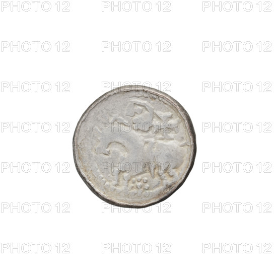 denarius (princely type), Boleslaw II the Bold (King of Poland; 1058–1079), princely type, heads, shields, spears. Obv.: Head to the left, inscription around the rim. Rev.: Horseman with spear and shield to the left, behind the rider a cross, under the horse six points (probably part of a rosette). 1058–1076. Poland, Kraków. Coin, weight 0.81 g, axis 315°.