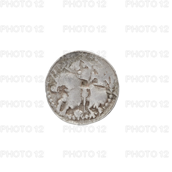Denarius (princely type), Boleslaw II the Bold (King of Poland; 1058–1079). Princely type with horses, heads, shields. Obverse: head facing left, inscription around the rim. Reverse: rider with spear and shield facing left; behind the rider a cross; under the horse a rosette. Date: 1058–1076. Poland, Kraków. Coin, weight 0.60 g, axis 270°.