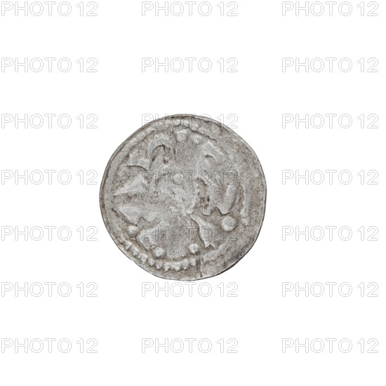 Denarius (princely type) of Boleslaw II the Bold (King of Poland; reign 1058–1079), princely type with horses, heads, shields. Obverse: head facing left with inscription around the rim. Reverse: rider with spear and shield facing left; behind the rider a cross, under the horse a rosette. Date: 1058–1076. Place: Kraków, Poland. Coin; weight 0.60 g; axis 270°.