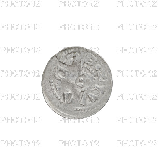 Denarius (princely type) of Boleslaw II the Bold (King of Poland; 1058–1079). Princely type with shields, horses, heads. Obverse: head facing left, inscription around the rim. Reverse: horseman with spear and shield facing left; behind the rider a cross; under the horse a rosette. Date: 1058–1076. Kraków, Poland. Coin; weight 0.54 g; axis 180°.