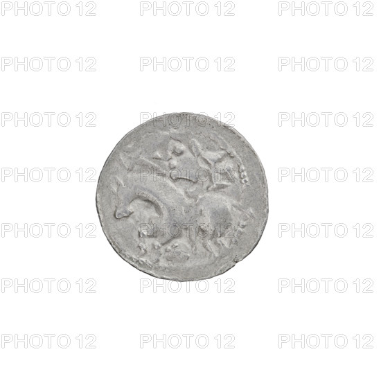 Denarius (princely type) of Boleslaw II the Bold (King of Poland; 1058–1079). Princely type with shields, horses, and heads. Obverse: head facing left, inscription around the rim. Reverse: horseman with spear and shield facing left, a cross behind the rider, rosette under the horse. Dated 1058–1076; Kraków, Poland. Coin, weight 0.54 g, axis 180°.