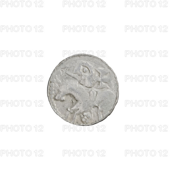 Denarius (princely type), Boleslaw II the Bold (King of Poland; 1058–1079). Princely type featuring horses, shields, heads. Obverse: head to the left, inscription around the rim. Reverse: horseman with spear and shield to the left; behind the rider a cross; under the horse a rosette. Date: 1058–1076. Origin: Kraków, Poland. Coin; weight 0.68 g; axis 45°.