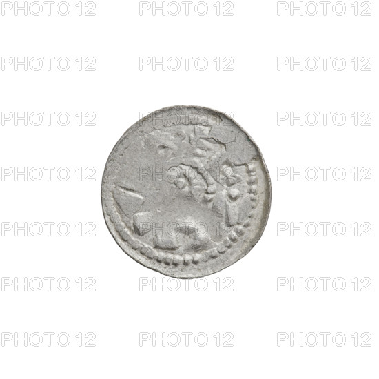 Denarius (princely type), Boleslaw II the Bold (King of Poland; reign 1058–1079), princely type with horses, shields, heads. Obverse: head to the left, inscription around the rim. Reverse: horseman with spear and shield to the left, behind the rider a cross, under the horse a rosette. Date: 1058–1076. Origin: Poland, Kraków. Coin; weight 0.75 g; axis 315°.