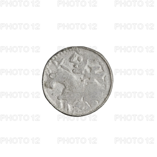 Denarius (princely type), Boleslaw II the Bold (King of Poland; 1058–1079). Princely type depicting horses, shields, heads. Obverse: Head to the left, inscription around the rim. Reverse: Horseman with spear and shield to the left, behind the rider a cross, under the horse a rosette. Date: 1058–1076. Origin: Poland, Kraków. Coin. Weight: 0.75 g. Axis: 315°.