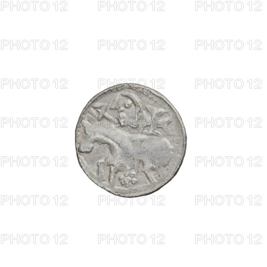 Denarius (princely type), Boleslaw II the Bold (King of Poland; 1058–1079), princely type with horses, shields, heads. Obverse: Head to the left, inscription around the rim. Reverse: Rider with spear and shield to the left, behind the rider a cross, under the horse a rosette. Date: 1058–1076. Place: Kraków, Poland. Coin; weight 0.51 g; axis 315°.