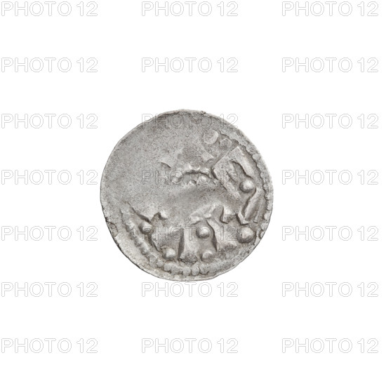 Denarius (princely type), Boleslaw II the Bold (King of Poland; 1058–1079). Princely type with horses, shields, heads. Obverse: head to the left, inscription around the rim. Reverse: rider with spear and shield to the left; behind the rider, under the horse — rosette. Date: 1058–1076. Poland, Kraków. Coin; weight 0.51 g; axis 45 degrees.