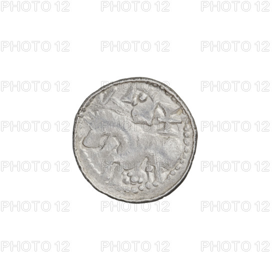 Denarius (princely type) of Boleslaw II the Bold (king of Poland, r. 1058–1079). Princely type coin depicting horses, shields, and heads. Obverse: illegible. Reverse: rider with spear and shield facing left; a cross behind the rider and a rosette under the horse. Date: 1058–1076. Place: Kraków, Poland. Coin; weight 0.68 g.