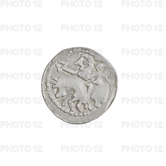 Denarius (princely type), Boleslaw II the Bold (king of Poland; 1058–1079); princely type with shields, horses, heads. Obverse: head to the left, inscription around the rim. Reverse: horseman with spear and shield to the left, cross behind the rider, two dots under the horse. Date: 1058–1076. Poland, Kraków. Coin; weight 0.54 g.