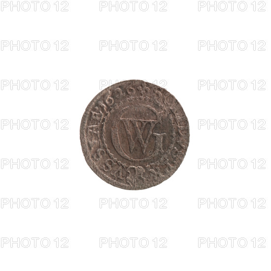 szelag, Pfahler, Ernest, Potocki, Andrzej (1861-1908), treasure - list 5716/106 (numism.), eagles, George William Hohenzollern (Elector of Brandenburg; Duke of Prussia; 1620-1640), Hohenzollern (coat of arms), cross (iconographic). Obverse: Prussian eagle, on its chest the crowned letter S; on the rim between the borders an inscription beginning with a heart - the hallmark .WILH.MAR.BR.SRI. Reverse: monogram composed of the letters GW; on the rim between the borders an inscription divided by the Hohenzollern coat of arms +SOLIDVS.PR - VSSIAE.1626. Date: 1626. Place: Ducal Prussia (1525–1701), Königsberg. Object: coin (szelag), diameter 16.0 mm, weight 0.45 g, axis 0°.