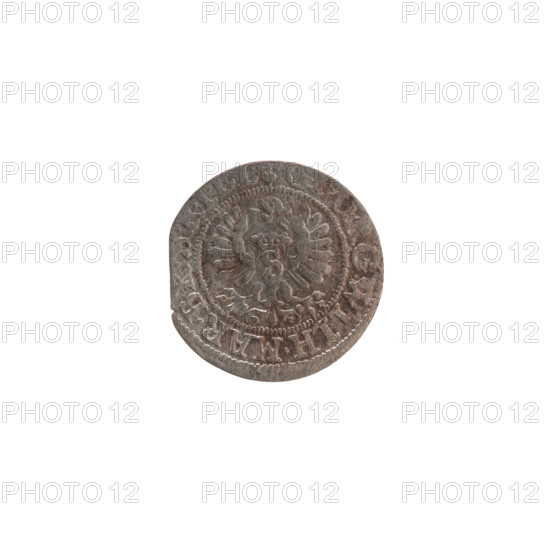 Obverse: Prussian eagle, on its chest the crowned letter S; on the rim between the borders an inscription beginning with a heart and reading GEORG.WILH.MAR.B, .SRI, L. Reverse: monogram composed of the letters GW; on the rim between the borders an inscription divided by the Hohenzollern coat of arms +SOLIDVS.PR - VSSI, .1626. 1626. Ducal Prussia (1525–1701), Königsberg. Coin (szelag), diameter 16.0 mm, weight 0.51 g, axis 0°. Maker: Pfahler, Ernest; engraver: Potocki, Andrzej (Andrzej Kazimierz Potocki, 1861–1908). Subjects/icons: eagles, Hohenzollern coat of arms, cross.