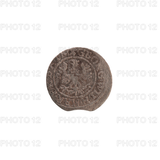 szelag; maker: George William (Georg Wilhelm); obverse: Prussian eagle with crowned letter S on its chest; rim inscription beginning with a heart - hallmark GEORG.WILH.MAR.B; reverse: monogram composed of the letters GW; reverse rim inscription divided by the Hohenzollern coat of arms, reading S.PR - VSSIAE.162; date: 1626; place: Königsberg, Ducal Prussia (1525–1701); material: coin; diameter 16.4 mm; weight 0.53 g; axis 0°; motifs: Hohenzollern coat of arms, eagles.