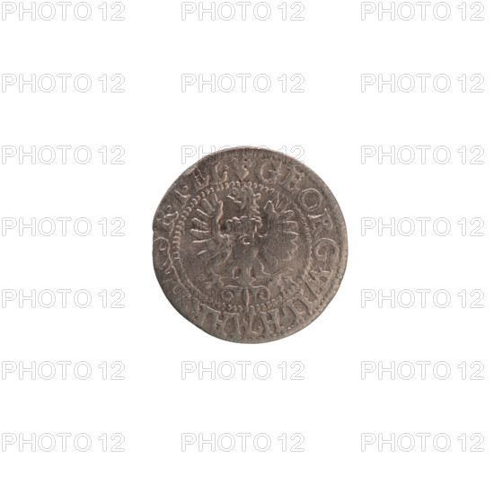 szelag, Hohenzollern (coat of arms), eagles, rosettes, George William Hohenzollern (Elector of Brandenburg; Duke of Prussia; 1620-1640). Obverse: Prussian eagle, on its chest the crowned letter S; on the rim between the borders an inscription beginning with a heart and the hallmark GEORG.WILH.MAR., RIEL. Reverse: monogram composed of the letters GW; on the rim between the borders an inscription divided by the Hohenzollern coat of arms +SOLIDVS.PR - VS, 27, 1627. Ducal Prussia (1525–1701), Königsberg. Coin (szelag): diameter 15.8 mm, weight 0.47 g, axis 0 degrees.