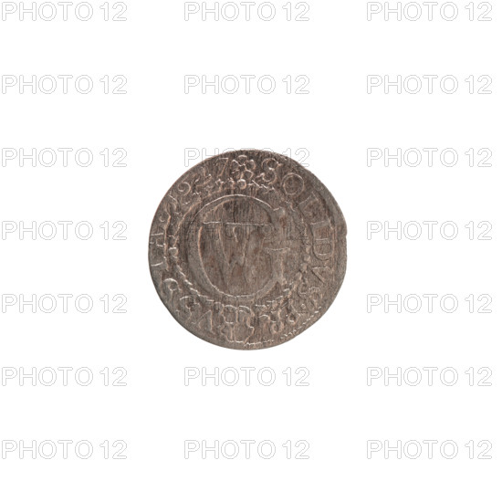 szelag; Obv.: Prussian eagle, on its chest the crowned letter S; on the rim between the borders an inscription beginning with a heart — the hallmark GEORG.WILH.MAR., RIEL.; Reverse: monogram composed of the letters GW; in the rim between the borders an inscription divided by the Hohenzollern coat of arms +SOLIDVS.PR - VS; Hohenzollern (coat of arms), eagles, rosettes; George William Hohenzollern (Elector of Brandenburg; Duke of Prussia; 1620–1640); 27, 1627; Ducal Prussia (1525–1701), Königsberg; coin (szelag), diameter 15.8 mm, weight 0.47 g, axis 0°