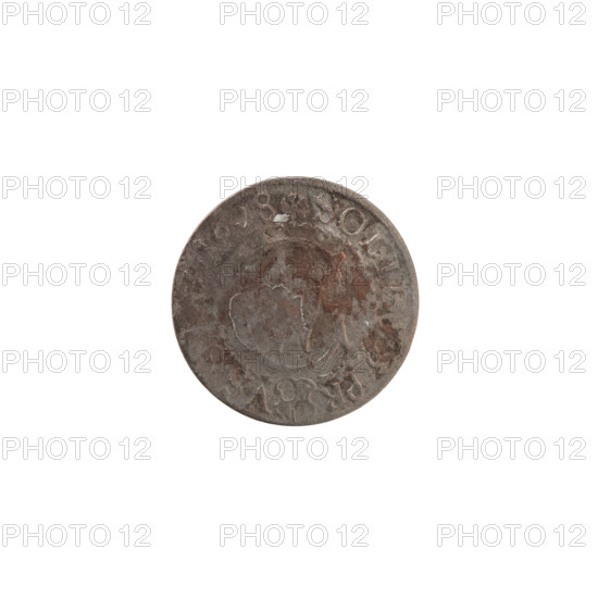 szelag; Obv. Prussian eagle, on its chest a crowned letter S; on the rim, between the rims, an inscription beginning with a heart - the hallmark GEO, WILH.MAR.BR.SRIEL; Rv. Monogram composed of the letters GW; in the rim between the borders an inscription, divided by the Hohenzollern coat of arms +SOLID, S.PR - VSS, 8, 1628; George William Hohenzollern (Elector of Brandenburg; Duke of Prussia; 1620–1640); Hohenzollern (coat of arms); Ducal Prussia (1525–1701), Königsberg; coin (szelag): diameter 16.4 mm, weight 0.63 g, axis 0°