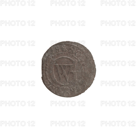 szelag; Pfahler, Ernest; Potocki, Andrzej Kazimierz (1861–1908); treasure; list 5716/106 (numism.); Department of Coins of Lands Associated with Poland. Coin of George William Hohenzollern (Elector of Brandenburg; Prince of Prussia; 1620–1640). Obverse: Hohenzollern coat of arms, rosettes, eagles. Reverse: illegible; monogram composed of the letters GW. In the rim between the borders an inscription divided by the Hohenzollern coat of arms: +SO, R -, 628. Date: 1628. Duchy: Ducal Prussia (1525–1701), Königsberg. Coin type: szelag. Diameter 16.1 mm; weight 0.49 g; axis 0°.