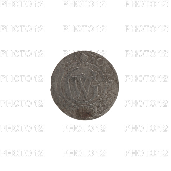 szelag; Obv. Prussian eagle, on its chest the crowned letter S; rosettes; Hohenzollern (coat of arms); monogram composed of the letters GW; inscription on the rim between borders divided by the Hohenzollern coat of arms +SO, I, S.PR -; hallmark on rim between rims beginning with a heart EO, ILH.MAR., EL; +SO, I, S.PR -; date 1633; ruler George William Hohenzollern (Elector of Brandenburg; Duke of Prussia; 1620–1640); Ducal Prussia (1525–1701), Königsberg; coin (szelag), diameter 16.0 mm, weight 0.40 g, axis 0 degrees.
