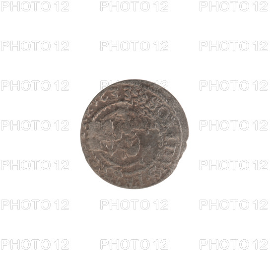 szelag; Pfahler, Ernest; Potocki, Andrzej (1861–1908); treasure; Obv.: Prussian eagle with crowned letter S on its chest; on rim between borders an inscription beginning with a heart — the hallmark, IL, .MAR.BR.; Rev.: monogram; in the rim between borders an inscription divided by the Hohenzollern coat of arms: O, IDVS.PR -; date 1633; George William Hohenzollern (Elector of Brandenburg; Duke of Prussia; 1620–1640) — Hohenzollern coat of arms, eagles, rosettes; Ducal Prussia (1525–1701), Königsberg; coin; diameter 15.8 mm; weight 0.40 g; axis 0 degrees.