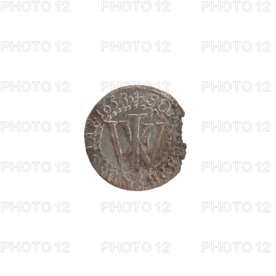 szelag, Frederick William (Elector of Brandenburg; 1620-1688). Obverse: Prussian eagle bearing on its chest a monogram composed of the letters IC; rim inscription between pearly borders: .MAR.BR.SRIP. Reverse: monogram composed of the letters FW separating the inner border; rim inscription beginning with a cross, divided by the Hohenzollern coat of arms: +SOL, US.PR - US, IAE.1653. Date: 1653. Place: Ducal Prussia (1525–1701), Königsberg. Coin; diameter 15.3 mm; weight 0.58 g; axis 0°.