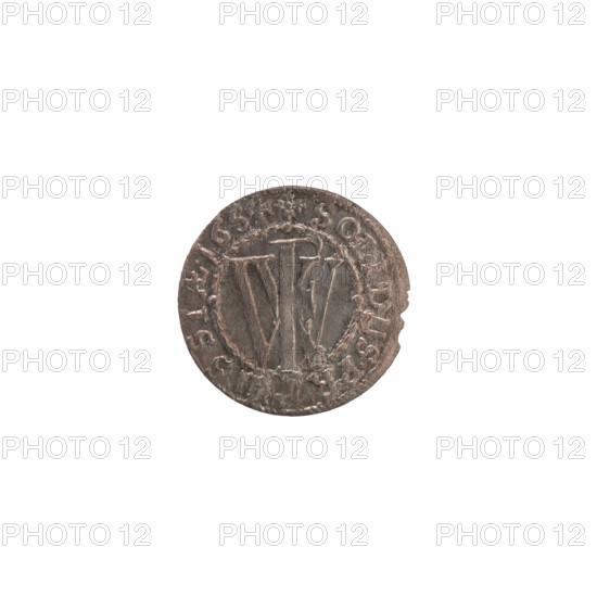 szelag, Obv. Prussian eagle, on its chest a monogram composed of the letters IC. On the rim, between the pearly borders, an inscription beginning with a ducal mitre FRID, HM, .S., L. Rw. Monogram composed of the letters FW separating the inner border. In the rim an inscription beginning with a cross, divided by the Hohenzollern coat of arms +SOL, DUS.PR -, SSIAE. 1654. Ducal Prussia (1525–1701), Königsberg; Frederick William (Elector of Brandenburg; 1620–1688); Hohenzollern (coat of arms); cross (iconographic). Coin: diameter 15.3 mm, weight 0.49 g, axis 0 degrees; 1654.