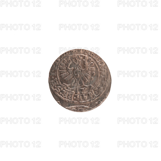 szelag, Frederick William (Elector of Brandenburg; 1620-1688), cross (iconographic), eagles, Hohenzollern (coat of arms). Obv. Prussian eagle, on its chest a monogram composed of the letters IC. On the rim, between the pearl borders, an inscription beginning with a ducal mitre, ID.WILH.MAR.BR.SRI. Rev. Monogram composed of the letters FW separating the inner border. In the rim an inscription beginning with a cross, divided by the Hohenzollern coat of arms +SOLIDUS.PR - USS, 1654. 1654. Ducal Prussia (1525-1701), Königsberg. Coin; diameter 15.6 mm; weight 0.55 g; axis 0 degrees.