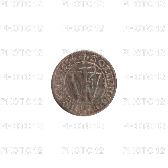 szelag, Frederick William (Elector of Brandenburg; 1620-1688), 1654, Ducal Prussia (1525-1701), Königsberg. Coin (szelag), diameter 15.6 mm, weight 0.55 g, axis 0°. Obverse: Prussian eagle with monogram composed of the letters IC on its chest; on the rim, between pearl borders, an inscription beginning with a ducal mitre, ID.WILH.MAR.BR.SRI, with inner-border monogram FW. Reverse: monogram composed of the letters FW separating the inner border; on the rim an inscription beginning with a cross, divided by the Hohenzollern coat of arms, +SOLIDUS.PR - USS.
