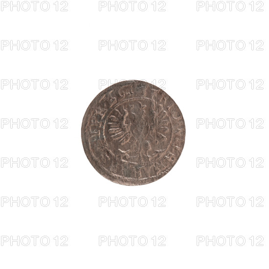 szelag, Frederick William (Elector of Brandenburg; 1620-1688), cross (iconographic), eagles, Hohenzollern (coat of arms). Obv. Prussian eagle, on its chest a monogram composed of the letters IC. On the rim, between the pearly borders, an inscription beginning with a ducal mitre FRID.WILH.MAR, R., .I.PR.EL, Rw. Monogram composed of the letters FW separating the inner border. In the rim an inscription beginning with a cross, divided by the Hohenzollern coat of arms +, OLIDUS.PR - U, I, 1654. Ducal Prussia (1525–1701), Königsberg. Coin: diameter 15.4 mm, weight 0.56 g, axis 0 degrees.
