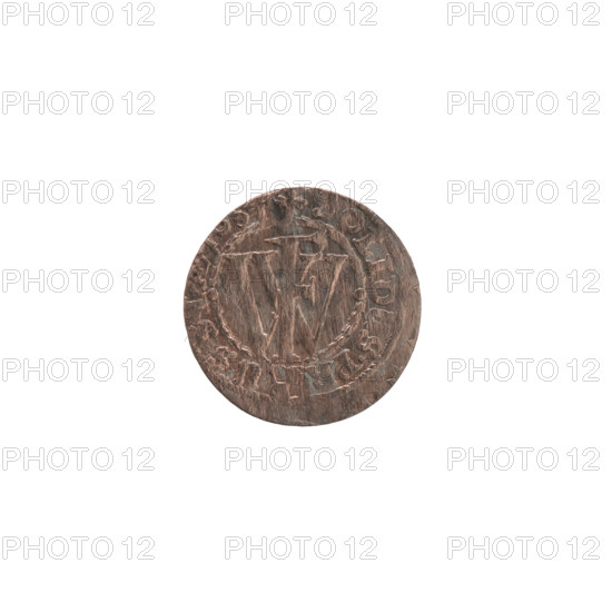 szelag; Obv.: Prussian eagle with a monogram composed of the letters IC on its chest; on the rim, between pearly borders, an inscription beginning with a ducal mitre FRID.WILH.MAR, R., .I.PR.EL, Rw.: monogram composed of the letters FW separating the inner border; in the rim an inscription beginning with a cross, divided by the Hohenzollern coat of arms +, OLIDUS.PR - U, I, 1654. Ducal Prussia (1525–1701), Königsberg. Coin (szelag); diameter 15.4 mm, weight 0.56 g, axis 0°. Cross (iconographic); eagles; Hohenzollern coat of arms.