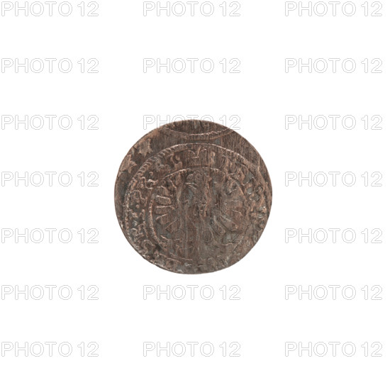 szelag; Frederick William (Elector of Brandenburg; 1620–1688). Obverse: Prussian eagle, on its chest a monogram composed of the letters IC; on the rim, between pearly borders, an inscription beginning with a ducal mitre FRI, .WI, .SRIPR.EL. Reverse: monogram composed of the letters FW separating the inner border; in the rim an inscription beginning with a cross, divided by the Hohenzollern coat of arms +SOLIDU, SIAE. 1654. Ducal Prussia (1525–1701), Königsberg. Coin (szelag), diameter 15.9 mm, weight 0.44 g, axis 0°. Maker: Potocki, Andrzej (1861–1908) mentioned.